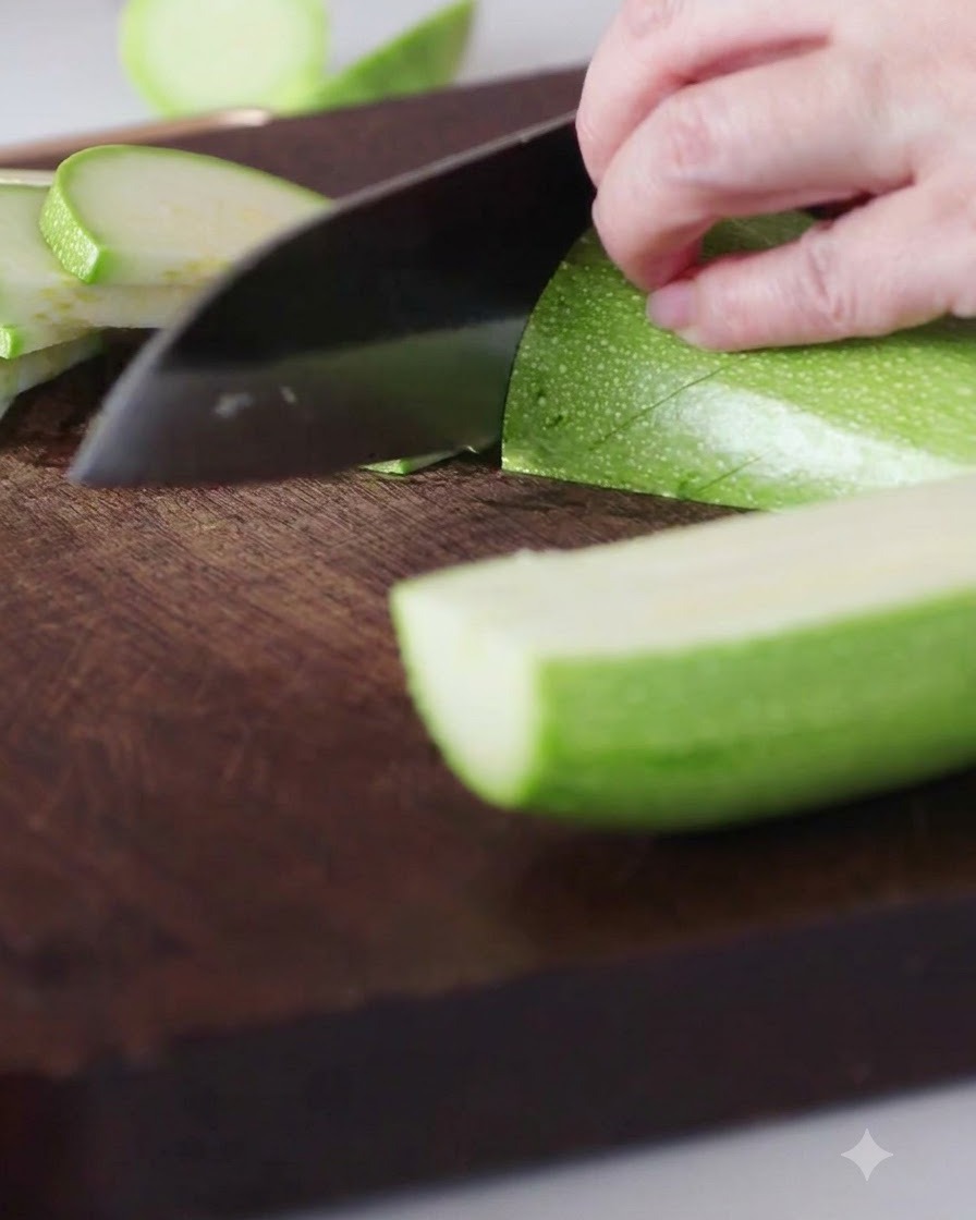 A green zucchini being sliced into half-moons on a wooden cutting board.