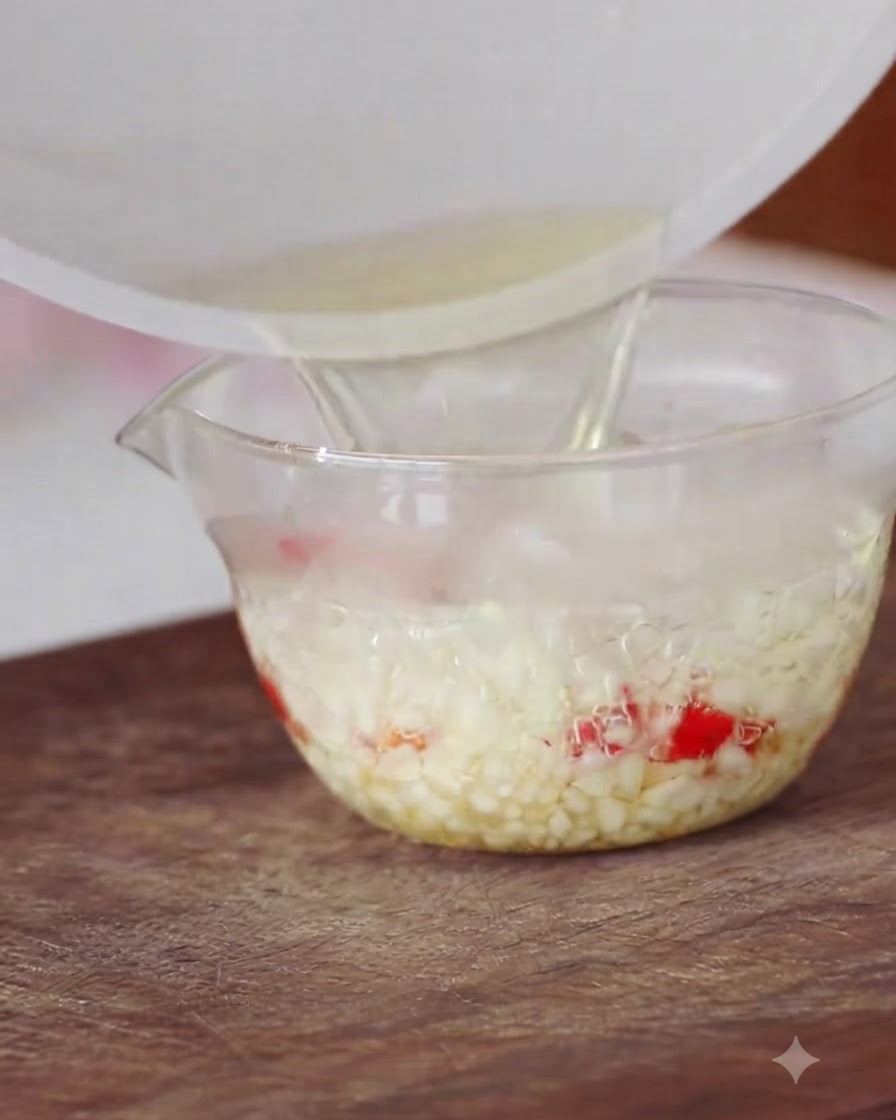 Hot oil being poured into a glass bowl containing minced garlic and chopped red chilies, creating steam and sizzle.