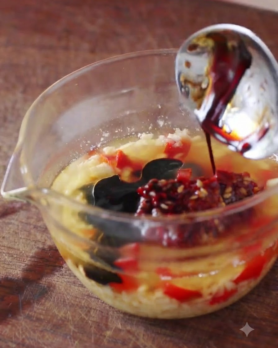 Dark soy sauce and seasonings being poured from a spoon into a glass bowl with garlic and chili, mixing into a thick sauce.