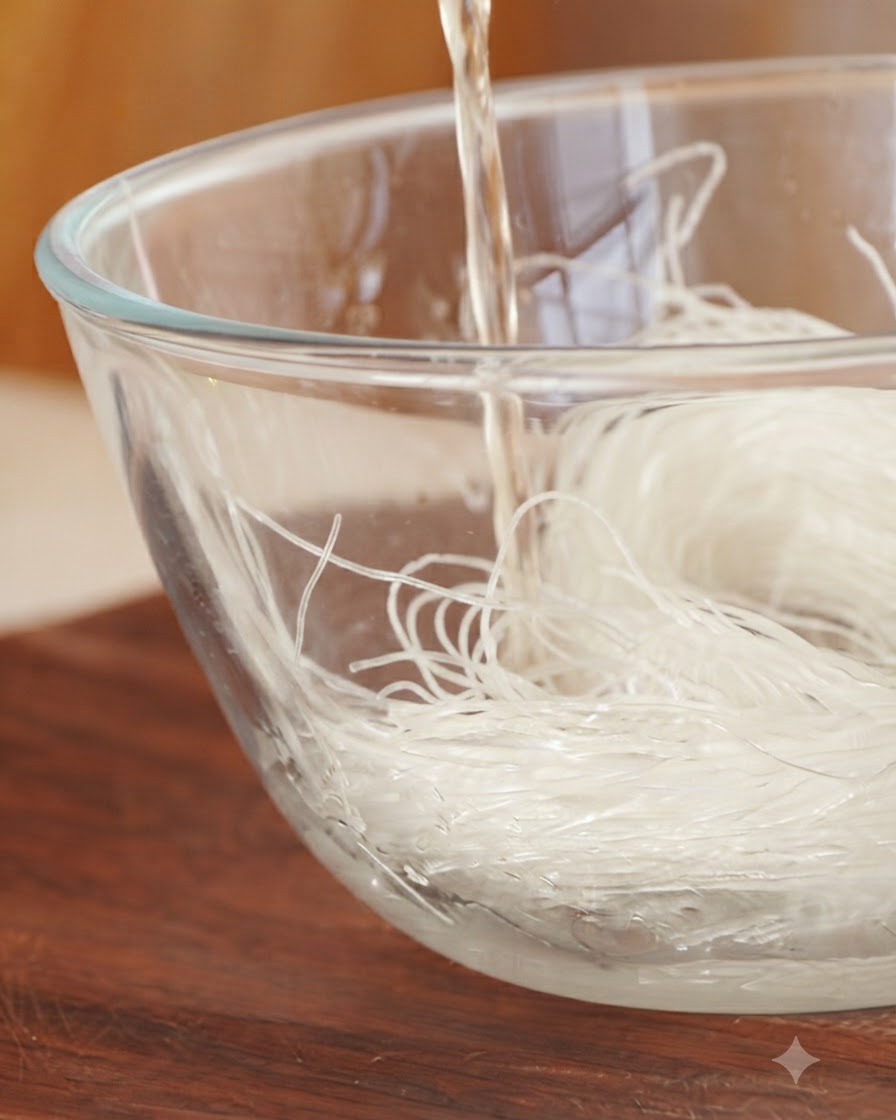 Warm water being poured into a clear glass bowl filled with dry glass noodles.
