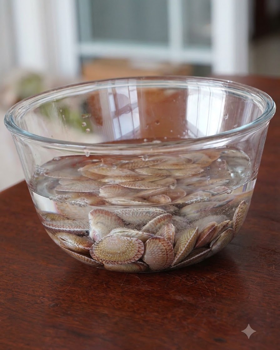 Fresh raw clams soaking in a clear glass bowl filled with water.