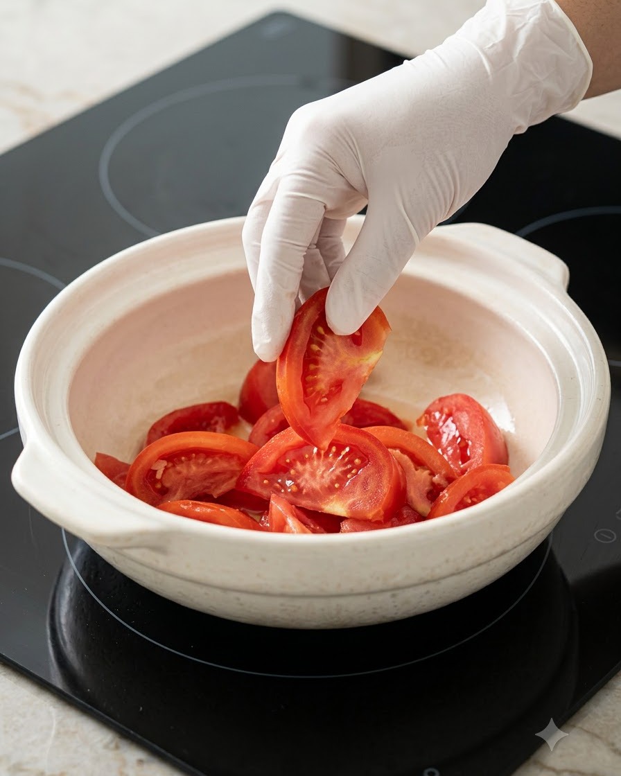 Tomatoes being laid flat inside a white ceramic pot to form the bottom layer.