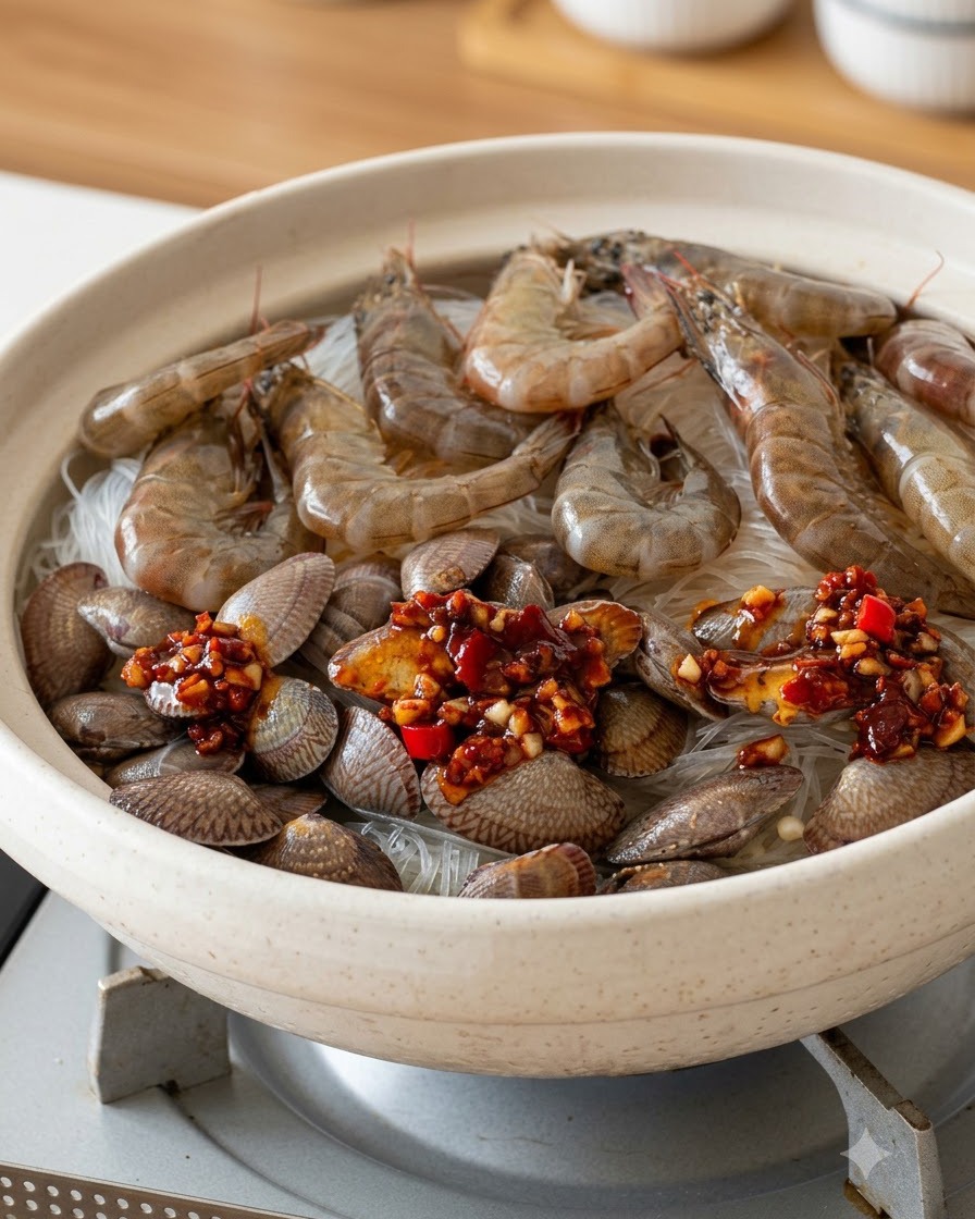 Red garlic and chili sauce being spooned evenly over the seafood and noodle arrangement.