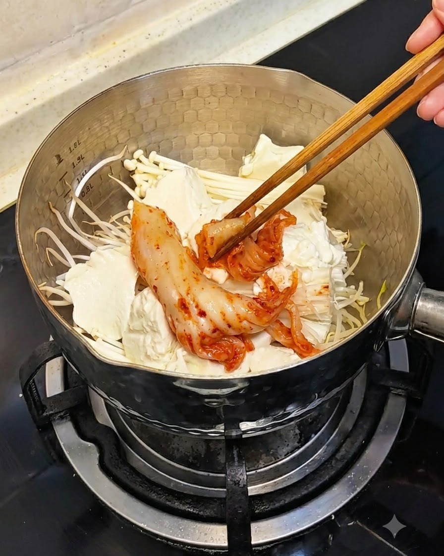 Chopsticks placing pieces of red fermented kimchi into the pot over the tofu and mushrooms.