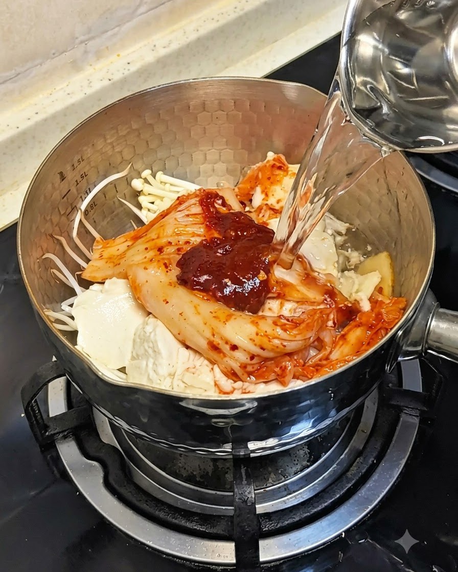 Clear water being poured from a glass measuring cup into the pot filled with ingredients.