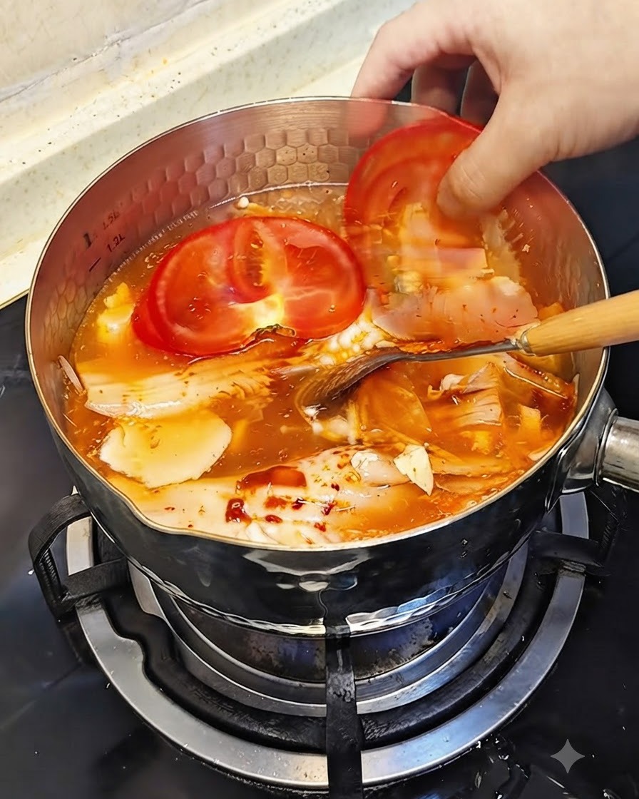 Two thick slices of fresh red tomato being placed into the simmering red broth of the hot pot.