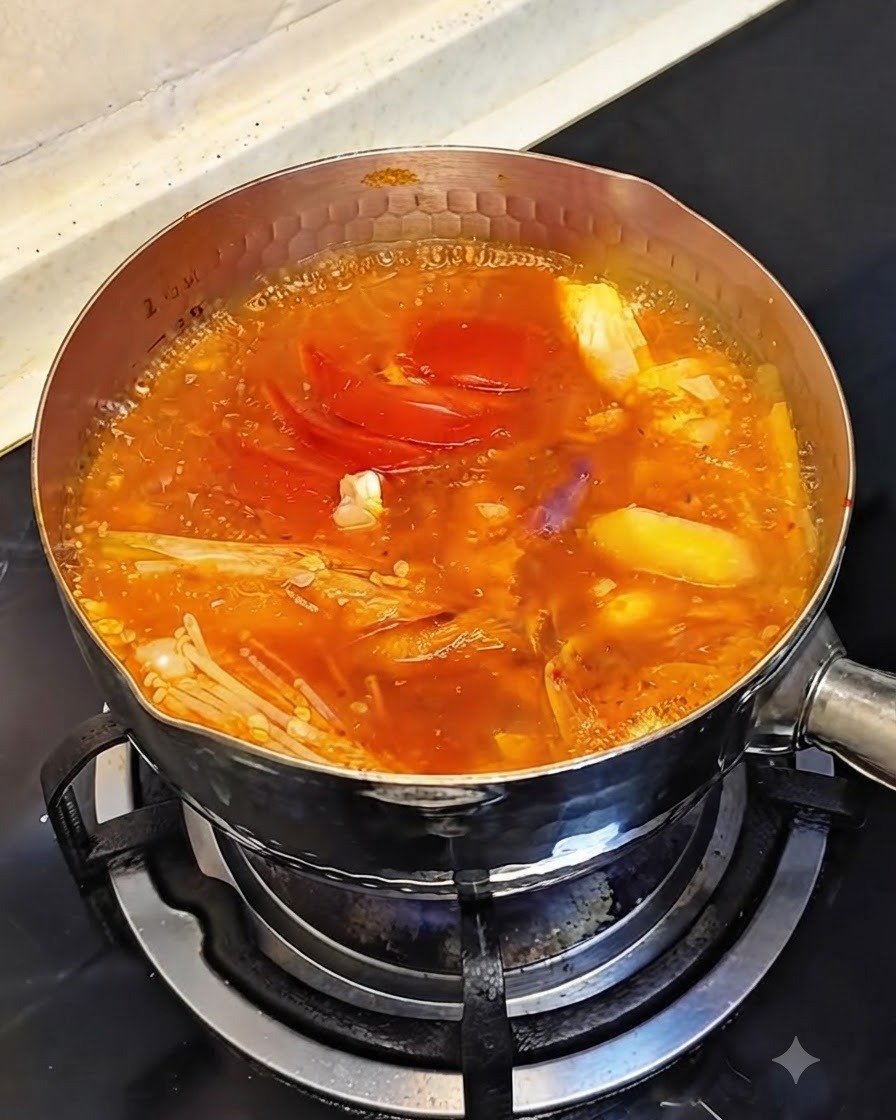 Whole raw shrimp cooking inside the bubbling and simmering red stew.
