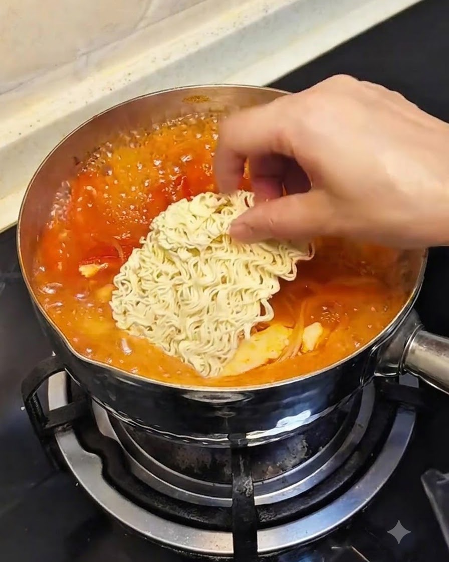 A square block of dried instant noodles being placed into the center of the simmering stew pot.