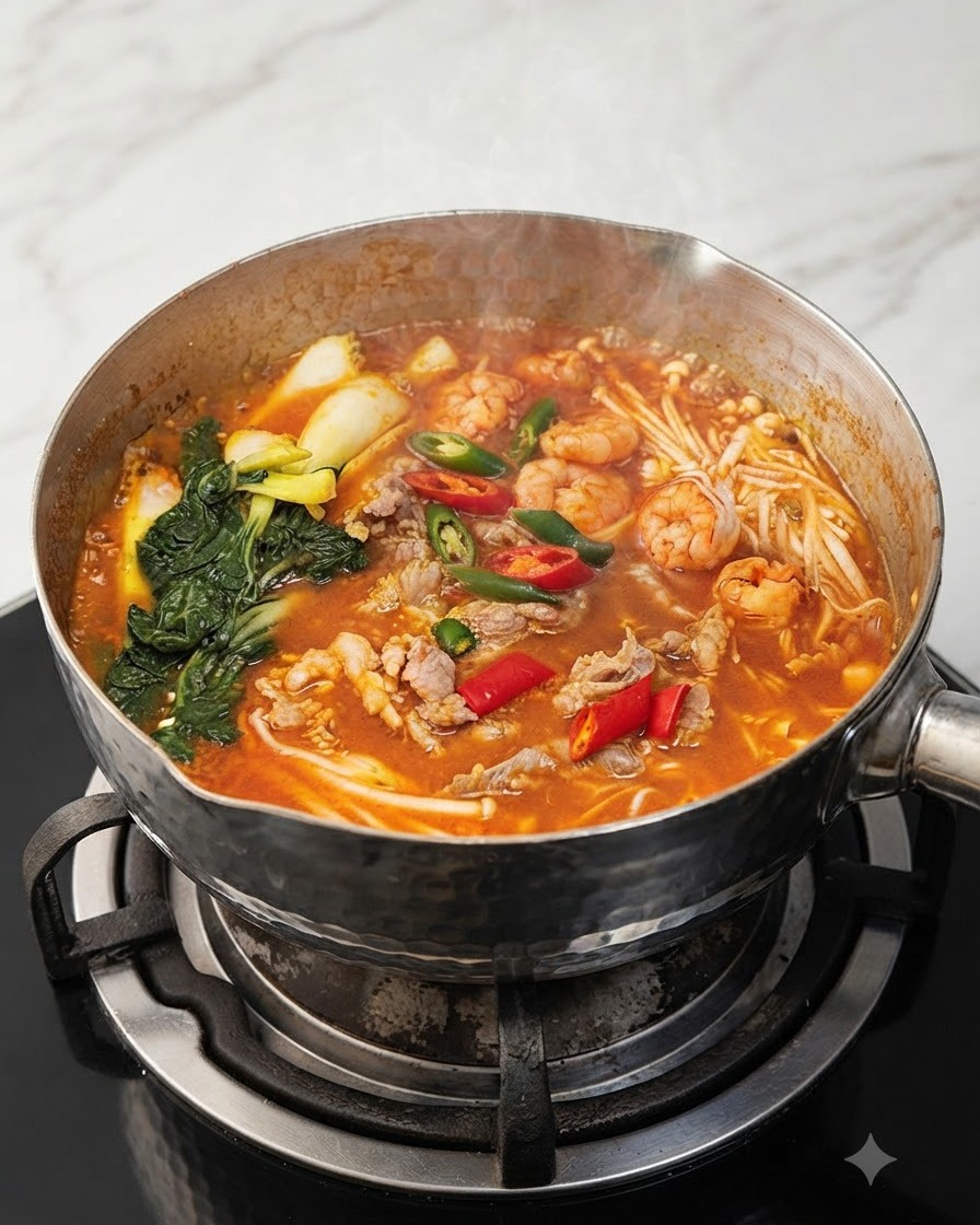 Freshly sliced red and green chili pepper rings sprinkled over the surface of the cooking stew.
