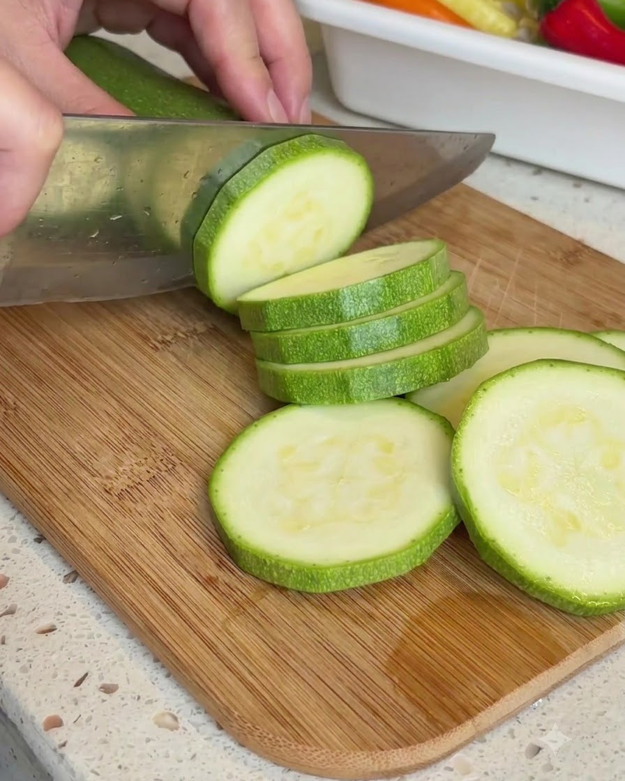 A green zucchini being sliced into thick rounds on a wooden cutting board with a knife.