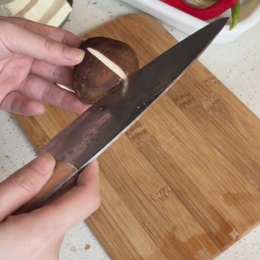 A fresh shiitake mushroom cap being scored with a knife to create a cross pattern.
