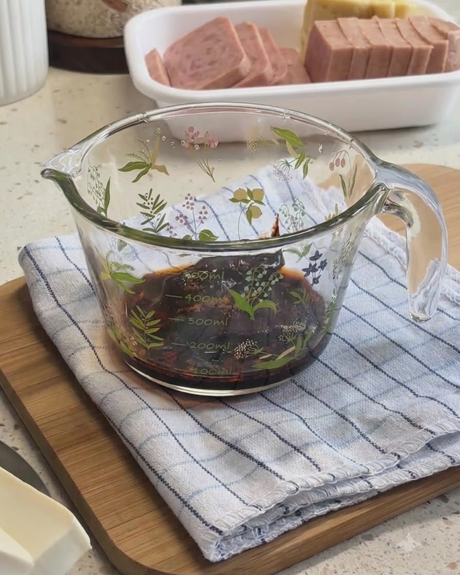 Ingredients being mixed inside a glass measuring cup to form the stew sauce base.