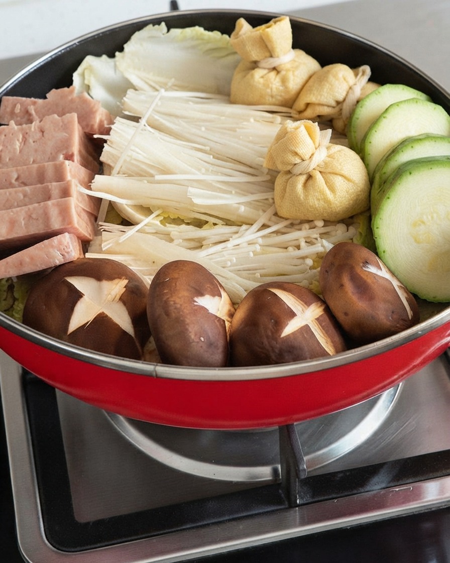 Sliced zucchini, luncheon meat, enoki mushrooms, shiitake mushrooms, and tofu skin knots beautifully arranged in a pot.