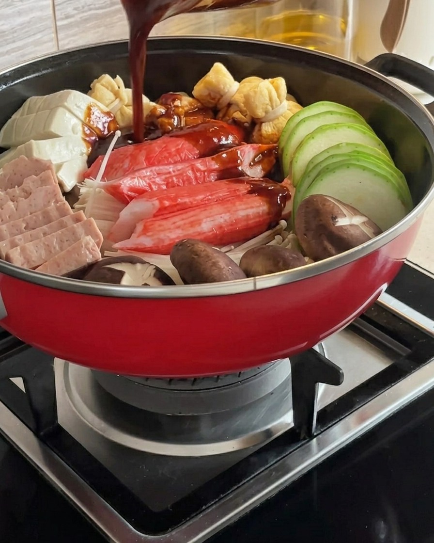 A rich, spicy red sauce being poured over the arranged ingredients in the stew pot.