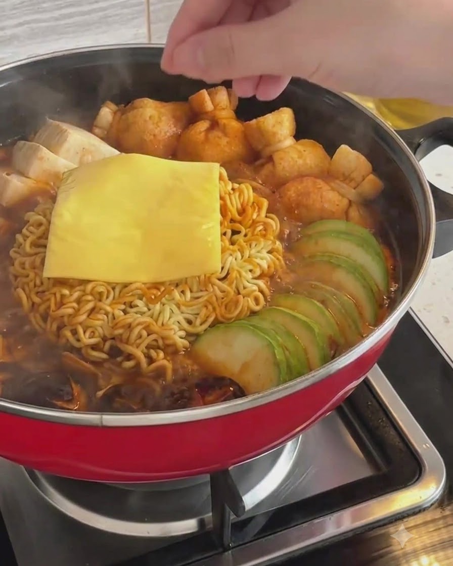 A square slice of yellow cheese resting on top of ramen noodles and ingredients in a pot.