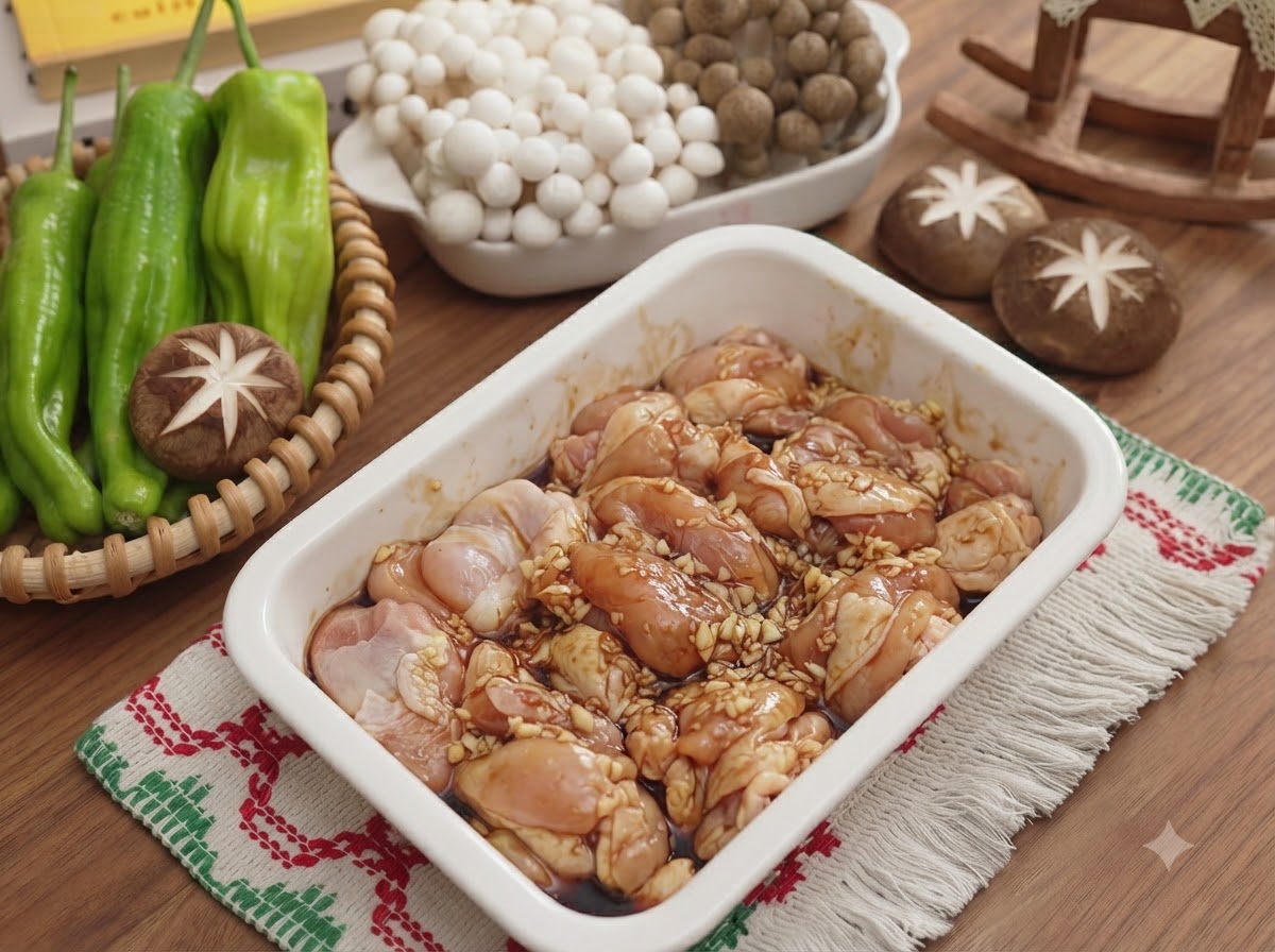 Raw chicken pieces mixed with minced garlic and sauces inside a white ceramic container.