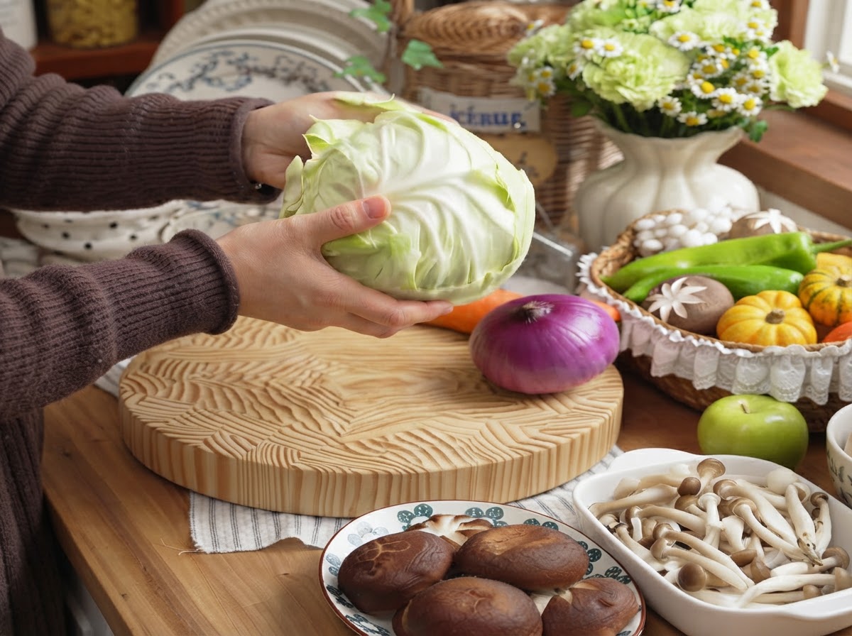 A person holding and tearing a fresh green cabbage over a wooden cutting board.