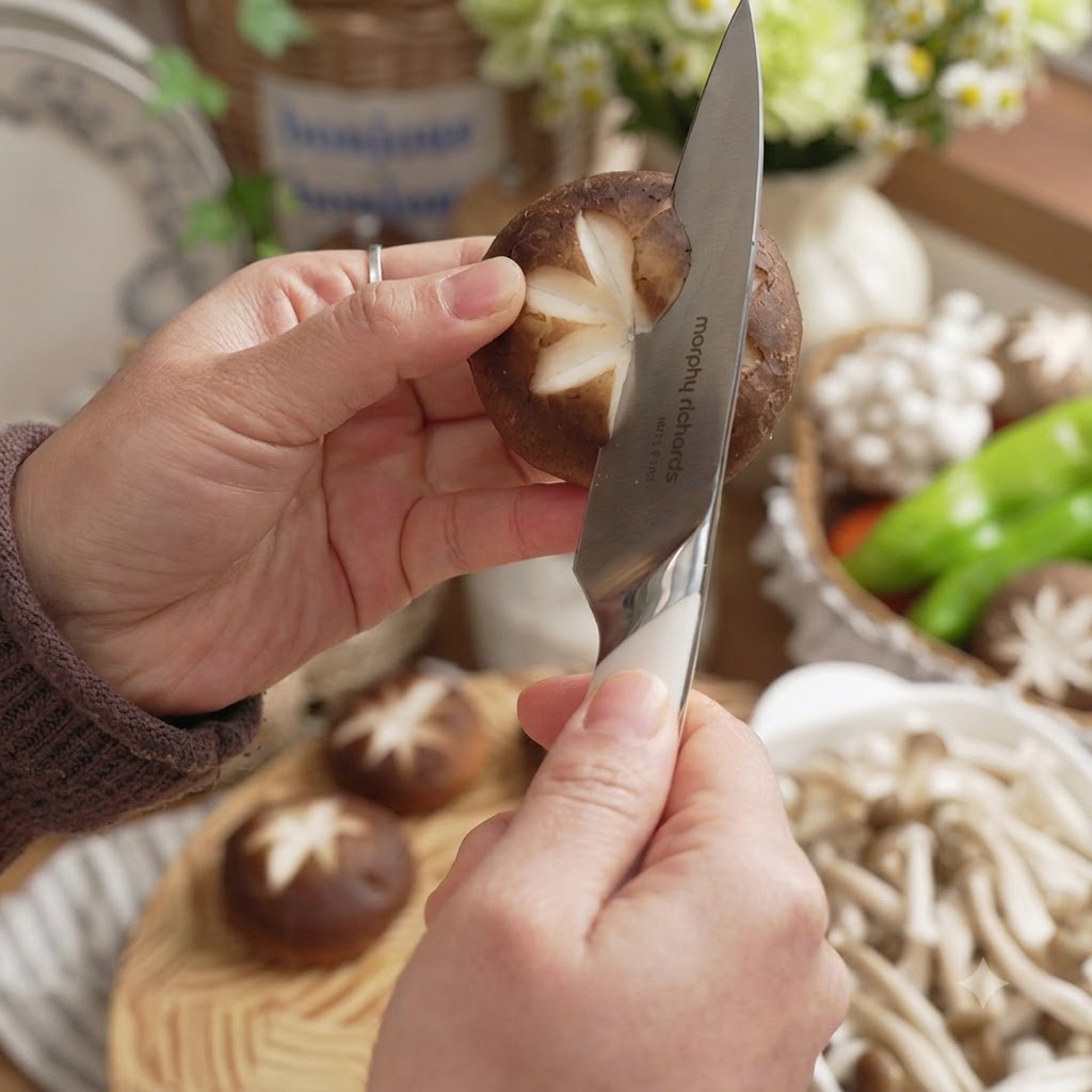 A hand holding a shiitake mushroom while carving a decorative star pattern into its cap with a small knife.