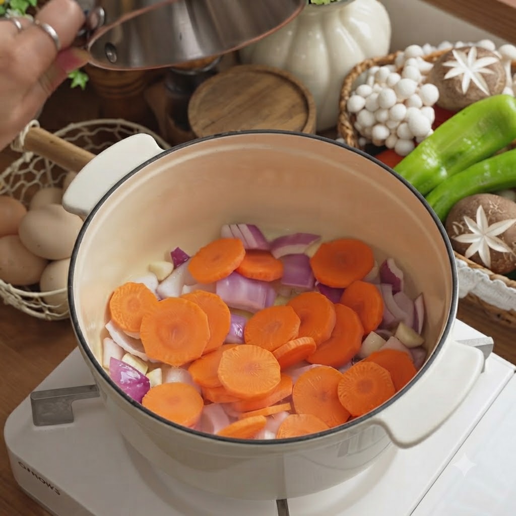 Red onion chunks, sliced carrots, garlic, and ginger being stir-fried in a hot white enameled pot.