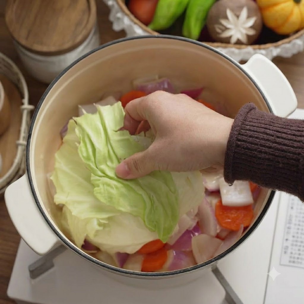 A hand placing a piece of fresh green cabbage leaf into the enameled pot over the sautéed vegetables.