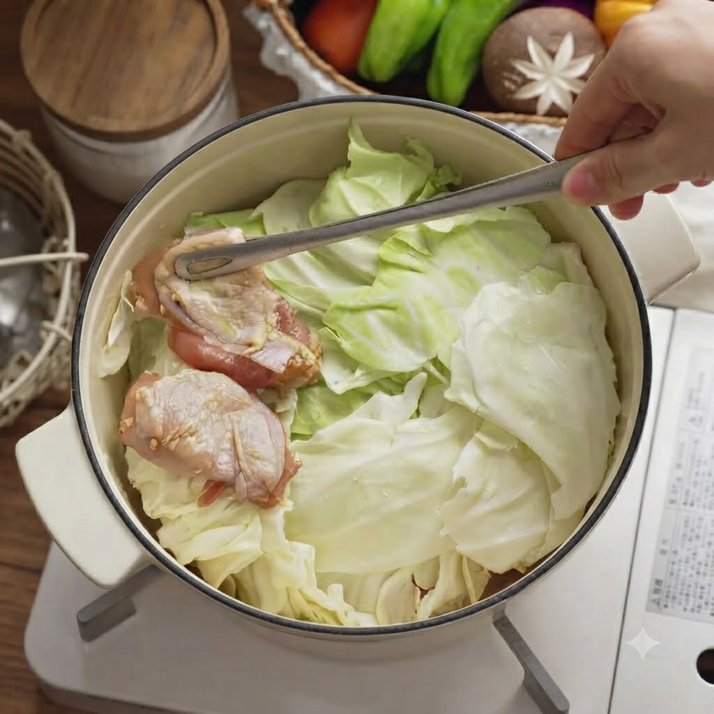 Marinated raw chicken pieces being placed onto the cabbage layer inside the pot with tongs.