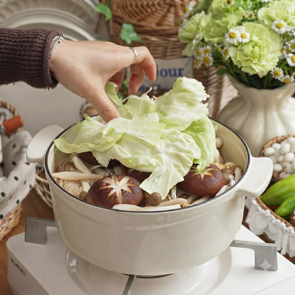 A hand adding the final thick layer of torn green cabbage leaves over the mushrooms and chicken in the pot.