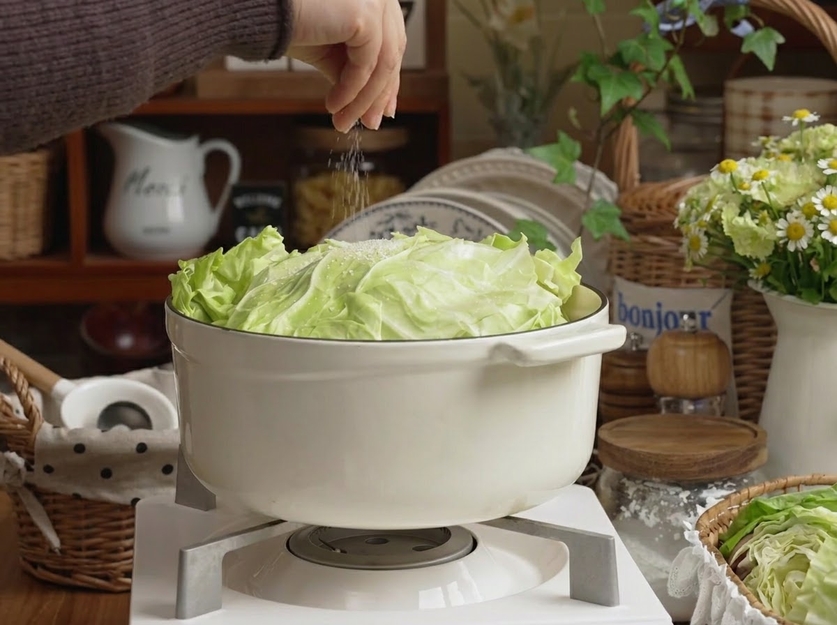 Salt being sprinkled from above onto the top layer of cabbage in the white pot.