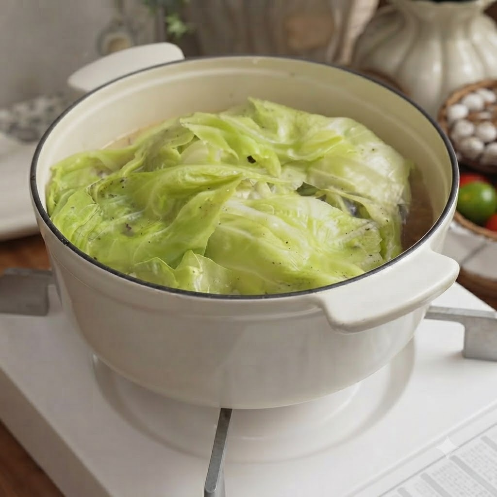 The covered pot simmering on the stove with steam rising from the lid.