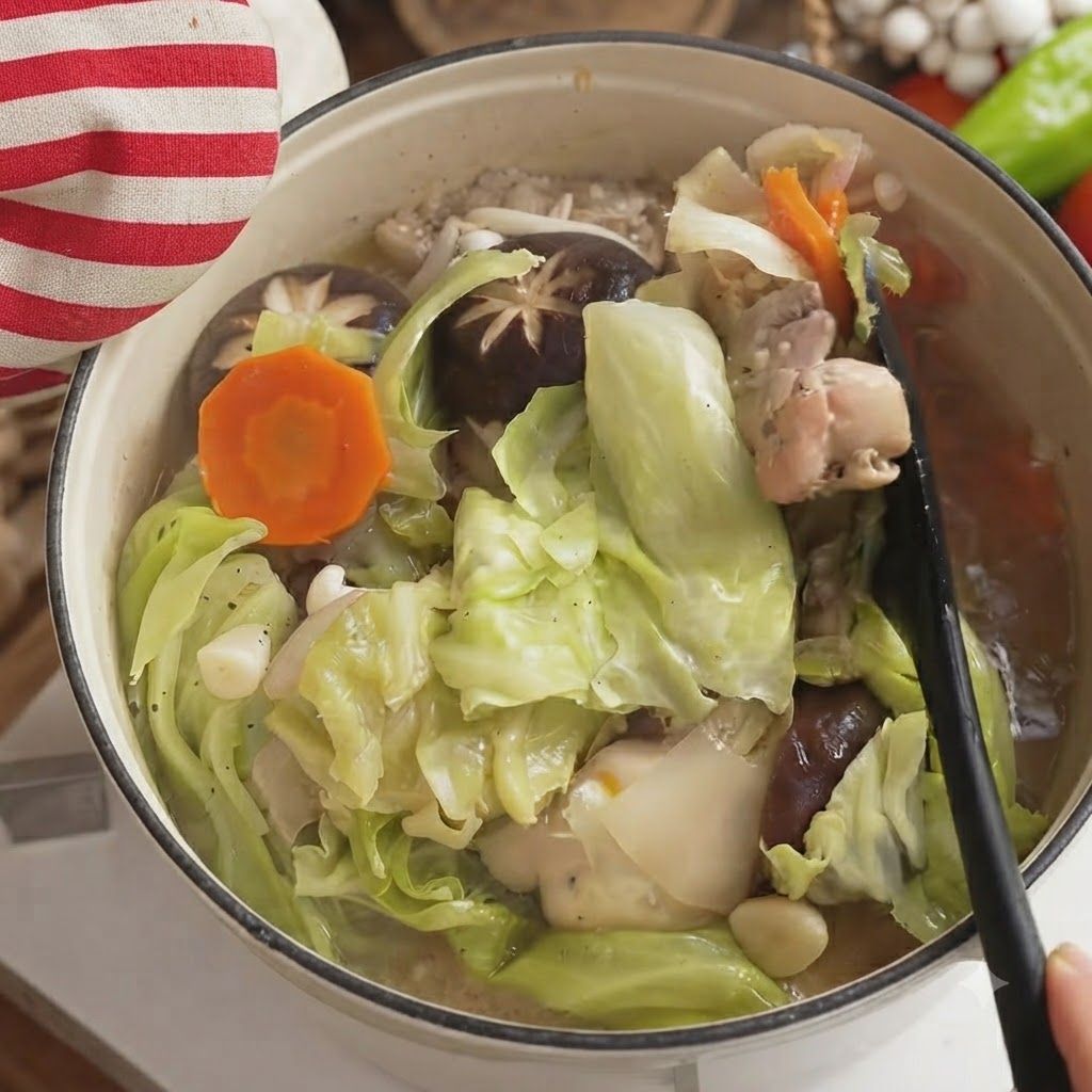 A ladle stirring the cooked cabbage, chicken pieces, and mushrooms inside the pot filled with broth.