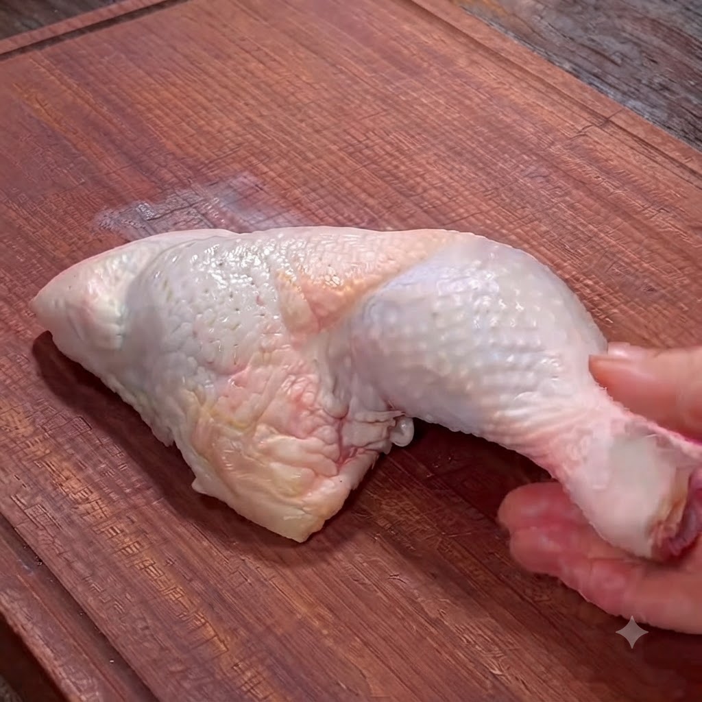 A close-up of hands using kitchen scissors to separate the meat from the bone of a raw chicken leg on a cutting board.