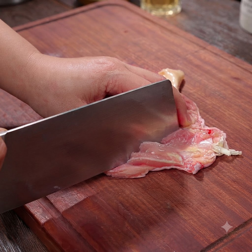 A kitchen knife making shallow cuts across the inner surface of a deboned chicken thigh on a wooden board.