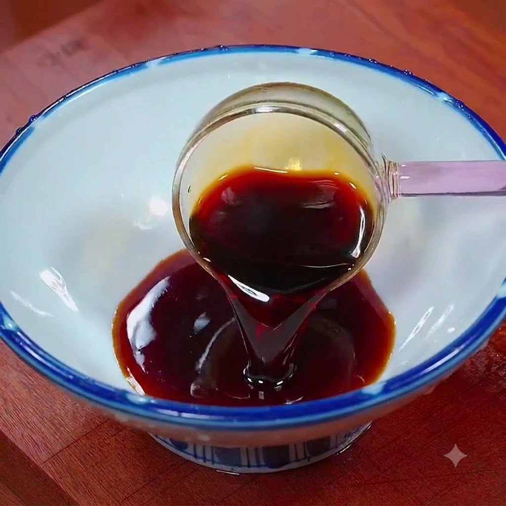 Dark soy sauce being poured from a small ladle into a bowl to mix with other liquid seasonings.