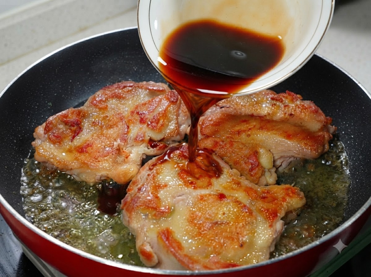 A bowl pouring dark teriyaki sauce over golden chicken pieces in a frying pan.