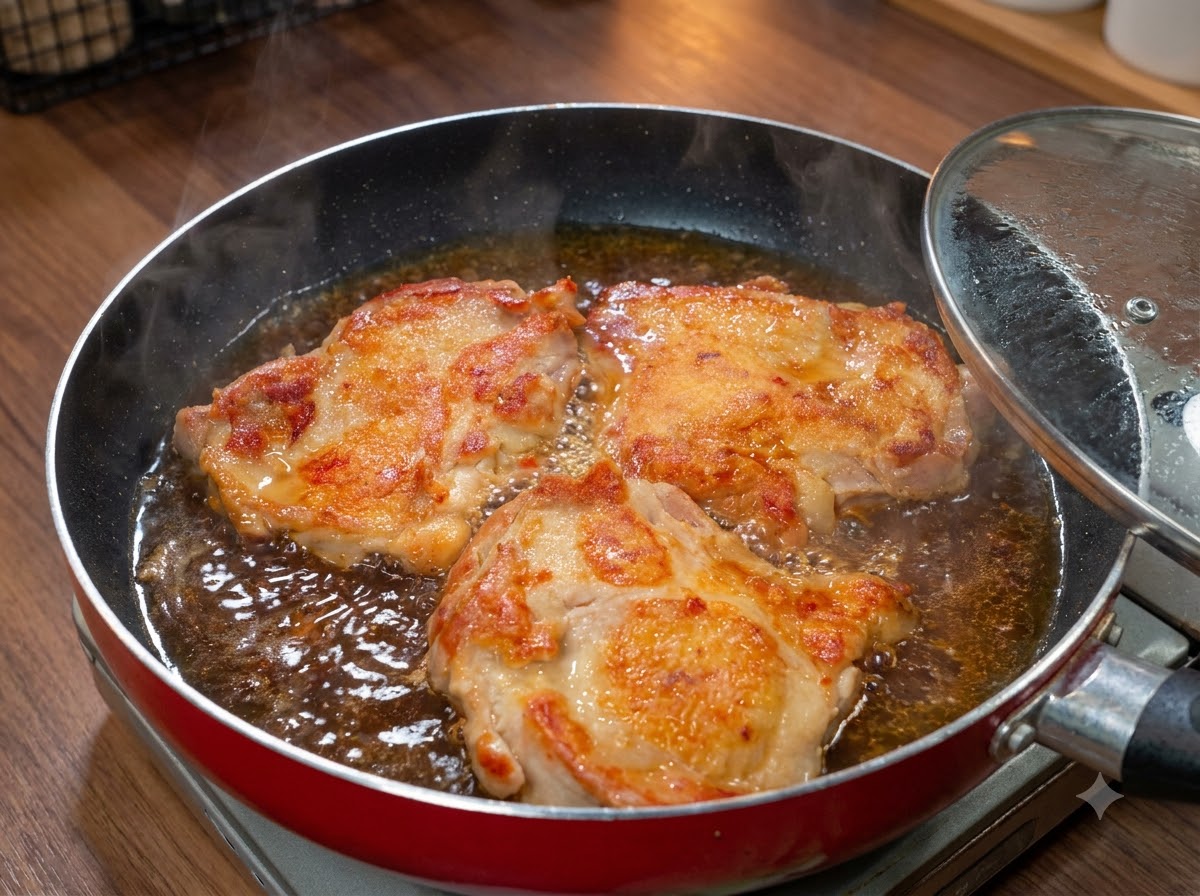 A pan of chicken simmering in sauce with a glass lid being placed over it.