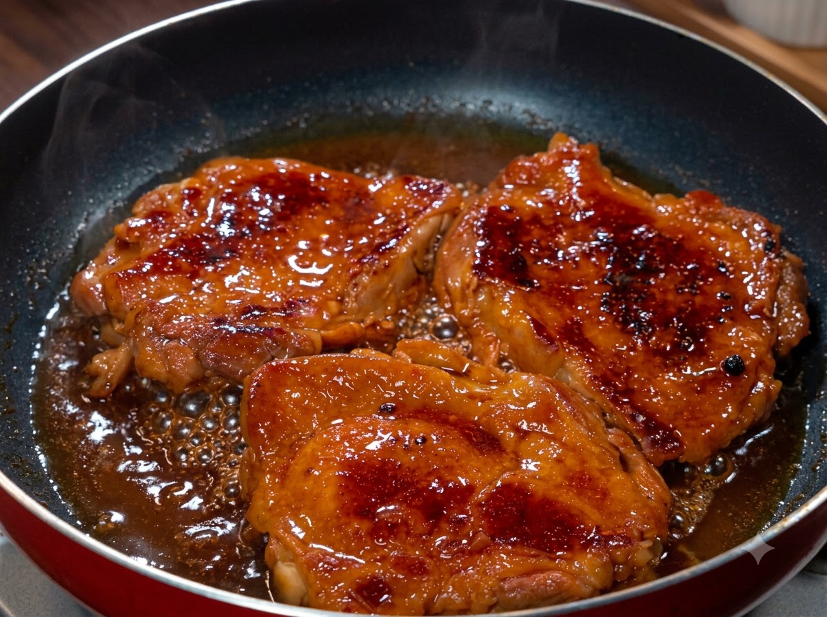 Chicken pieces cooking in a thick, bubbling glaze inside a skillet with the lid removed.