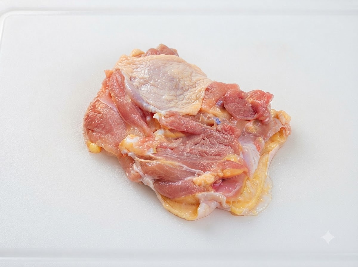 A deboned chicken leg lying flat on a white cutting board, ready to be pounded.