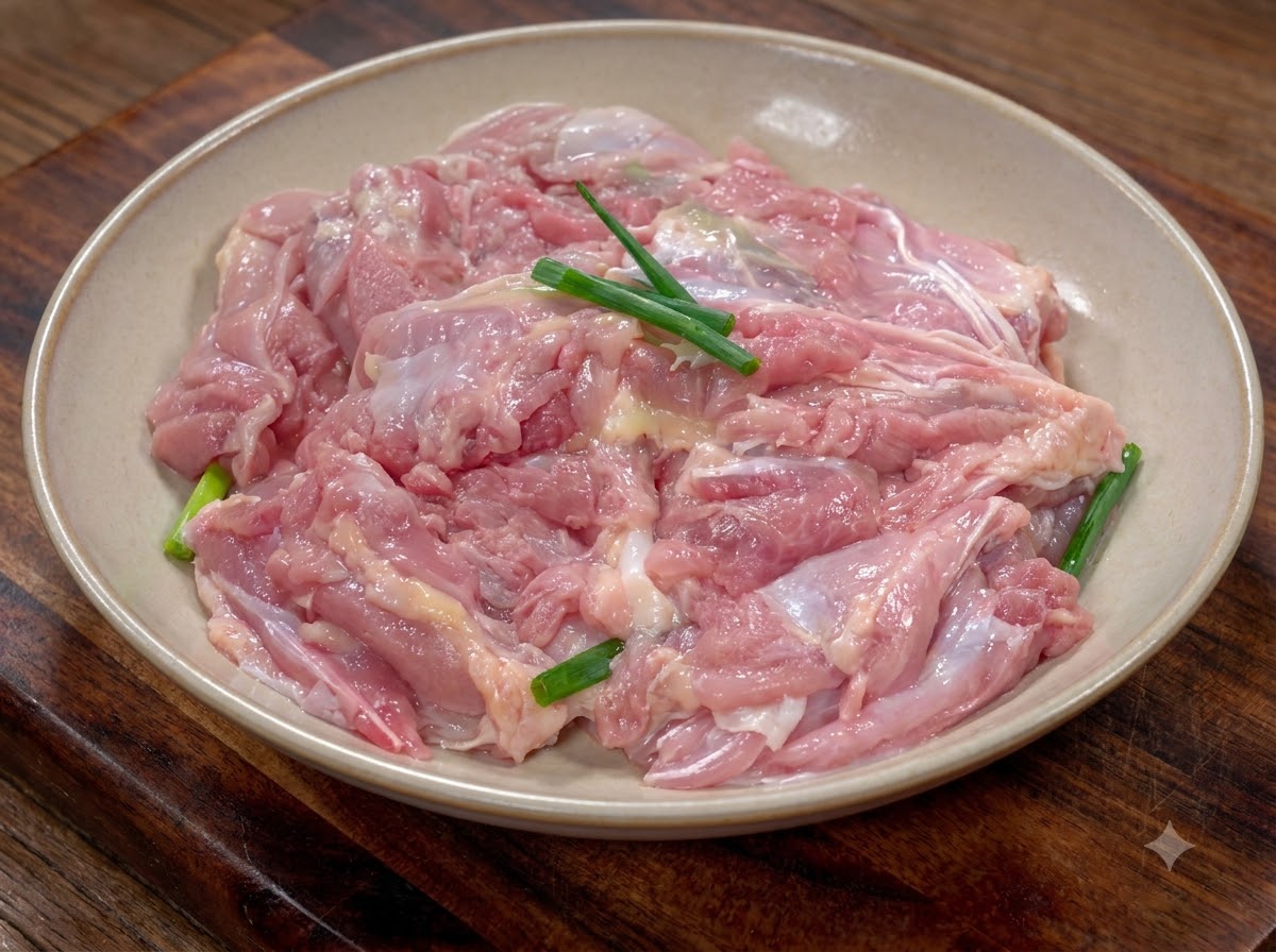 A close-up view of raw chicken pieces mixed with green onion slices inside a beige bowl.