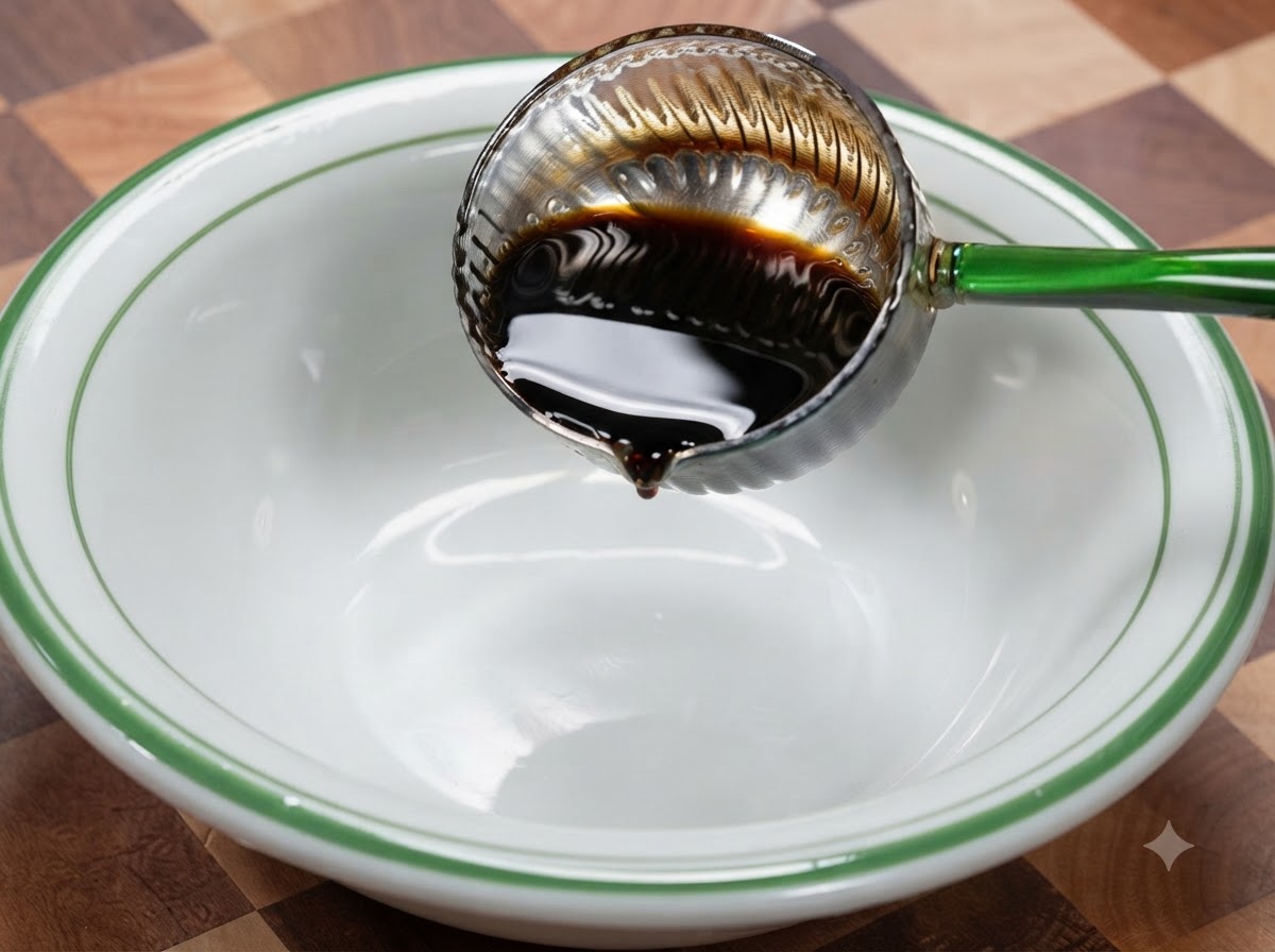 Dark soy sauce being poured from a ladle into a mixing bowl.