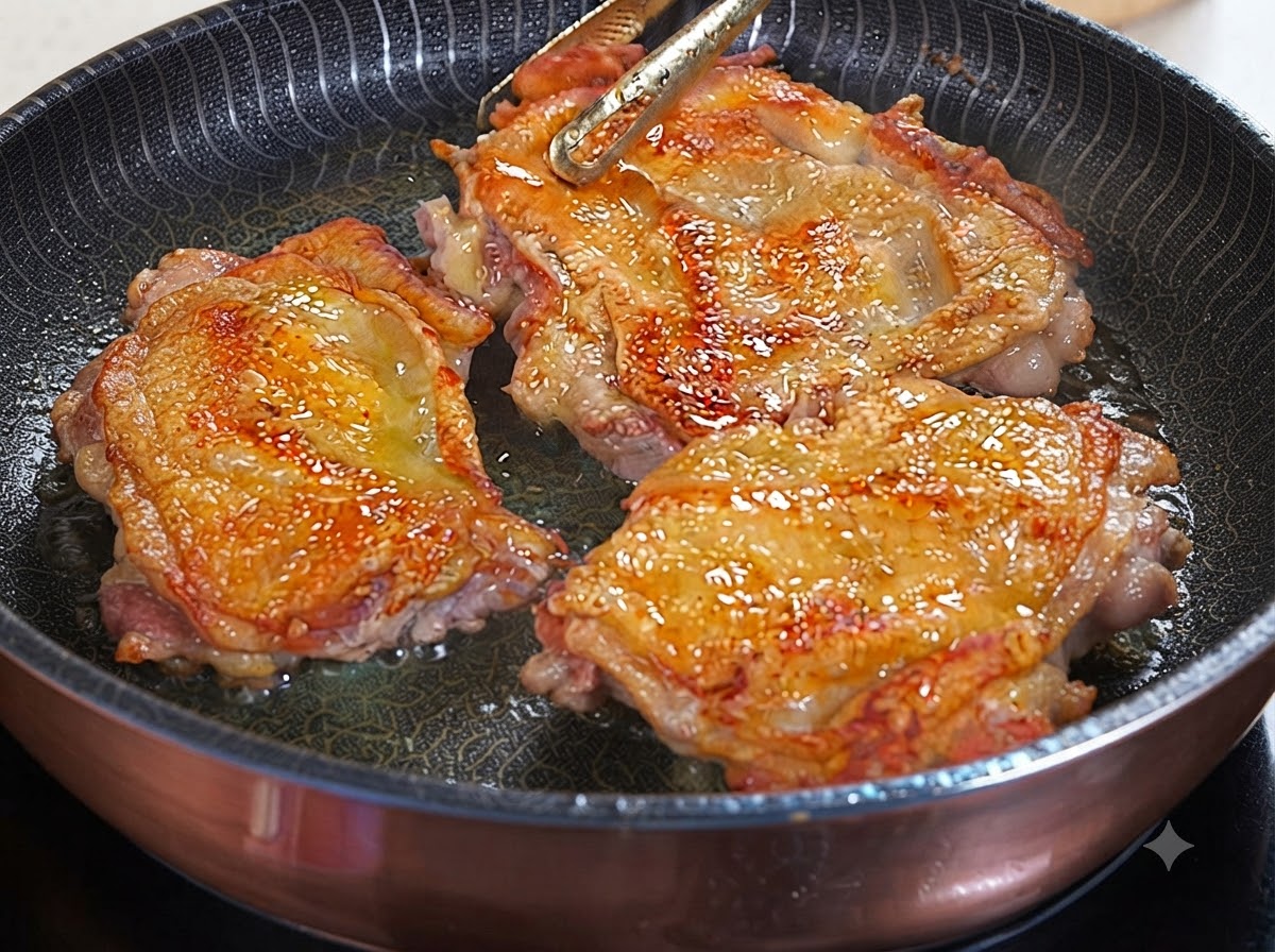 Three golden-seared chicken legs sizzling in a pan while teriyaki sauce is poured over them.