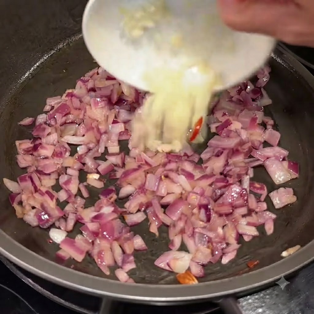 Minced garlic being added to the pan containing sautéed red onions.