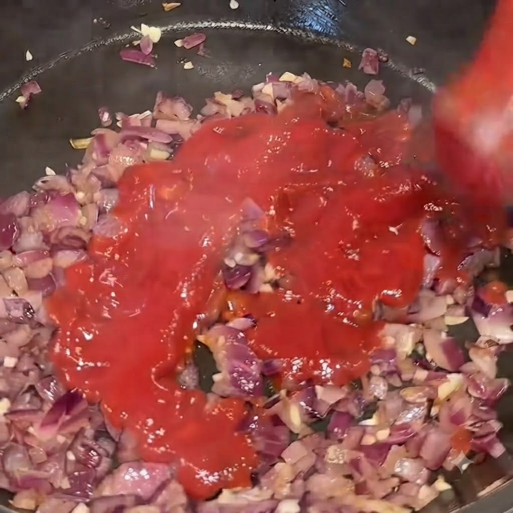 Red tomato purée being poured directly into the pan over the cooked onions and garlic.