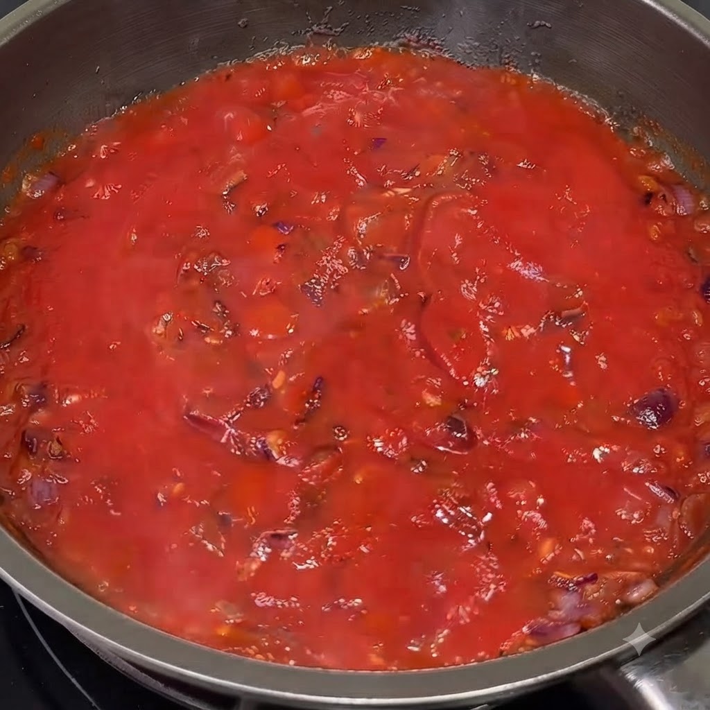 A smooth red tomato sauce simmering in the pan after mixing in seasonings.