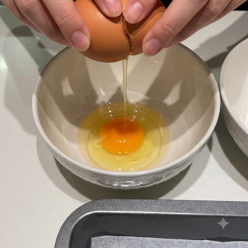 An egg being cracked into a white mixing bowl with the yolk resting in the center.