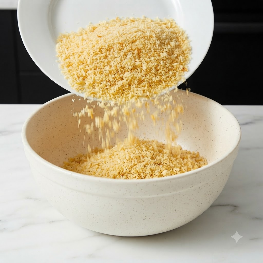 Breadcrumbs being poured from a white plate into a large mixing bowl.