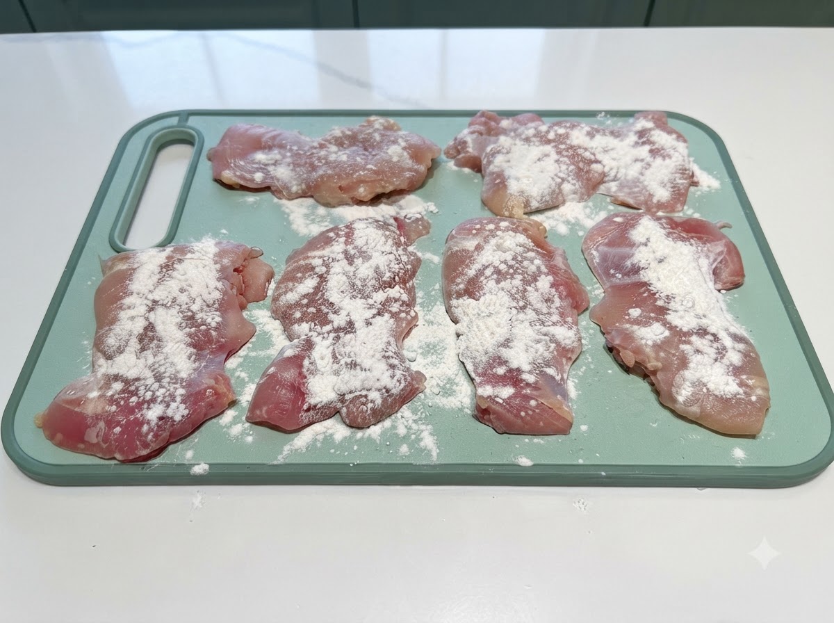 Raw chicken thighs laid out on a green cutting board with a dusting of flour covering them.