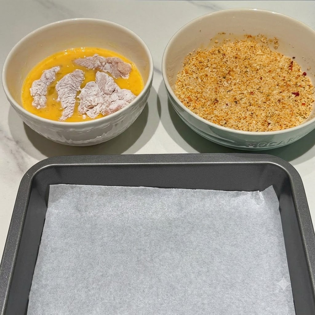 A bowl of beaten eggs with chicken pieces inside, next to a bowl of seasoned breadcrumbs and an empty lined baking tray.
