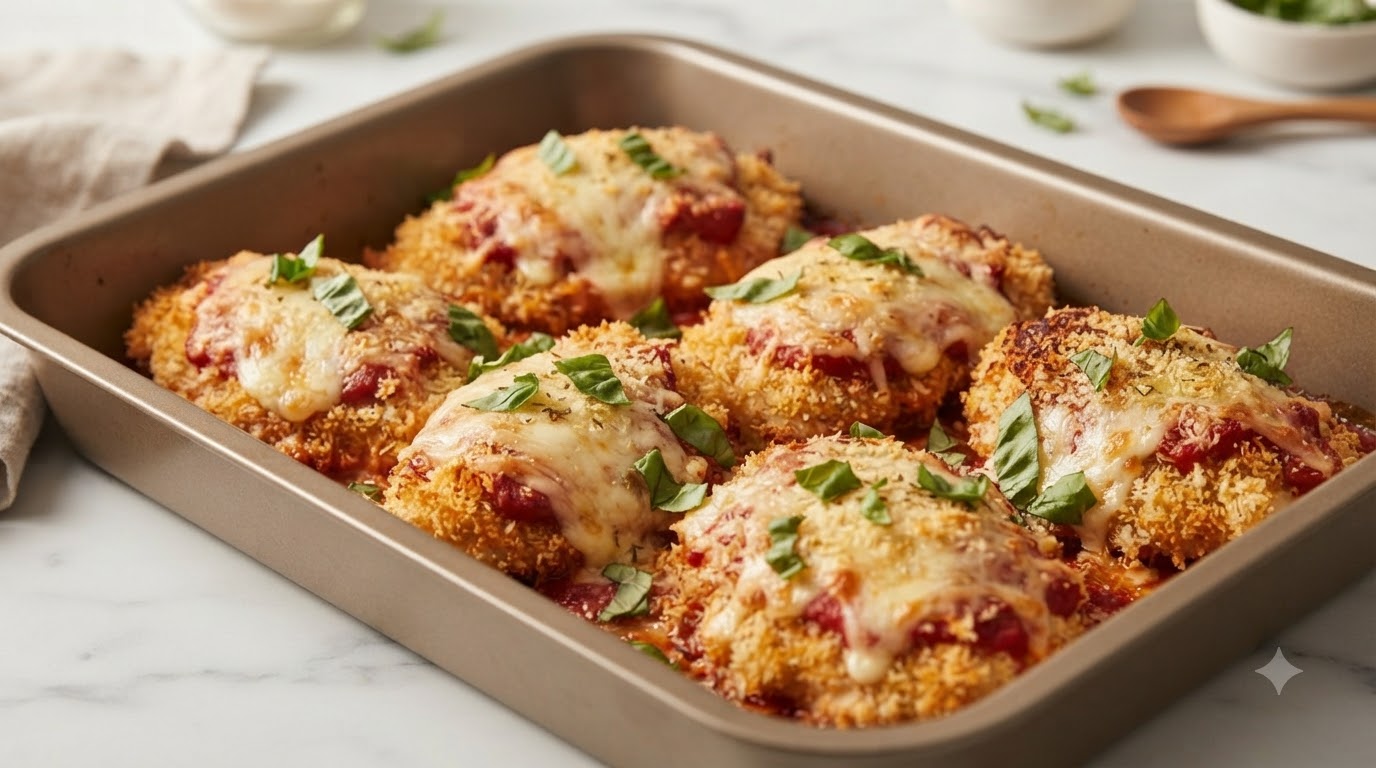 Golden-brown Parmesan crusted chicken baked with rich tomato sauce and melted cheese