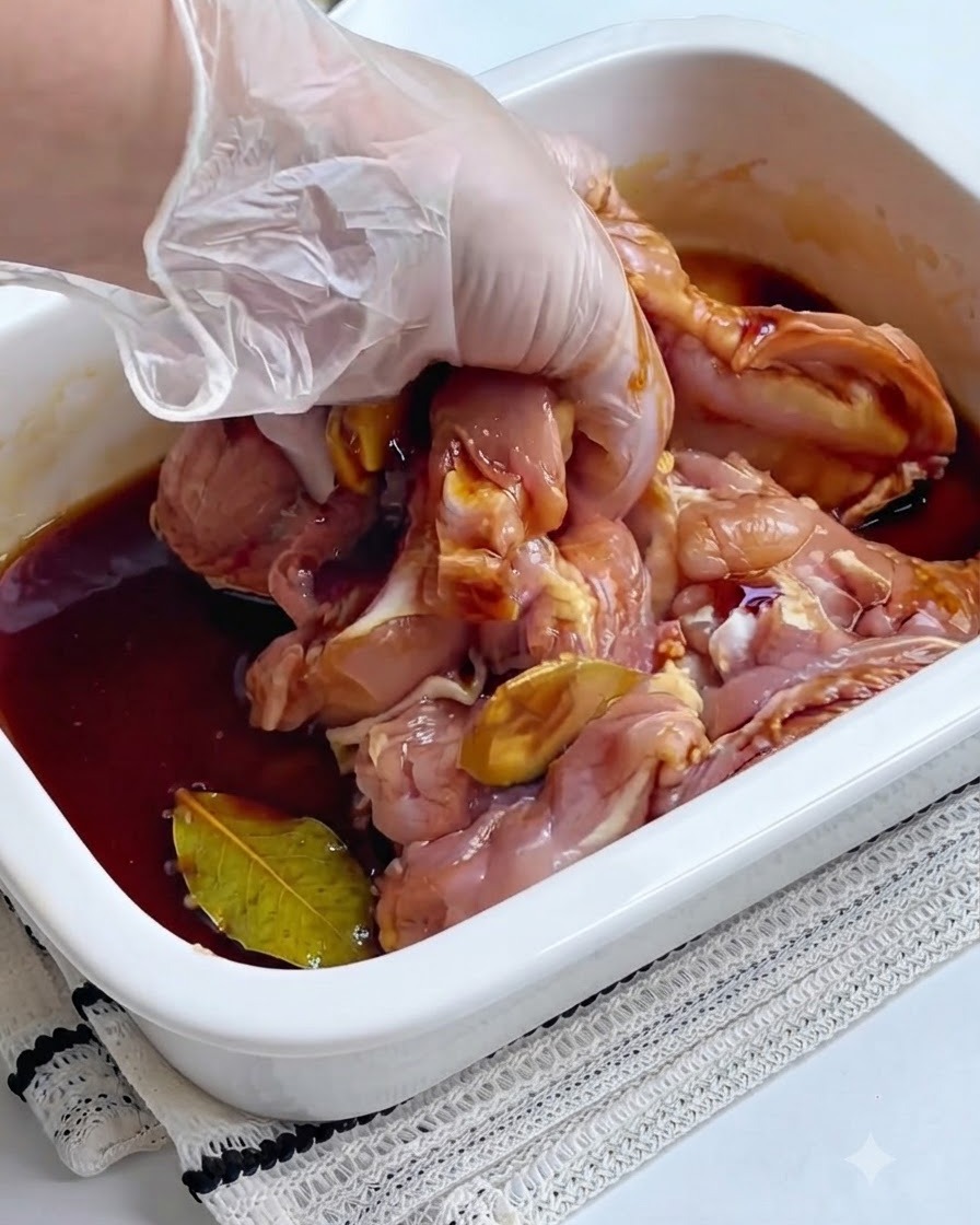 A gloved hand massaging raw chicken thighs in a white container filled with dark marinade sauce and ginger slices.