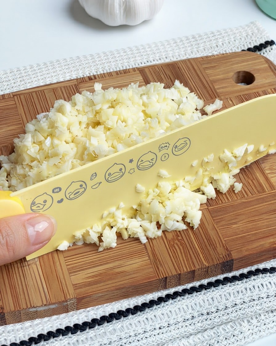 Finely minced garlic cloves piled on a wooden cutting board next to a yellow knife.