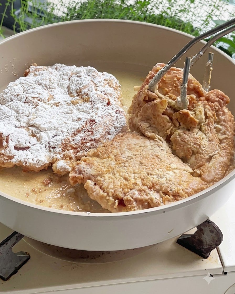Multiple chicken pieces frying in hot oil inside a light-colored pan, being flipped with metal tongs.